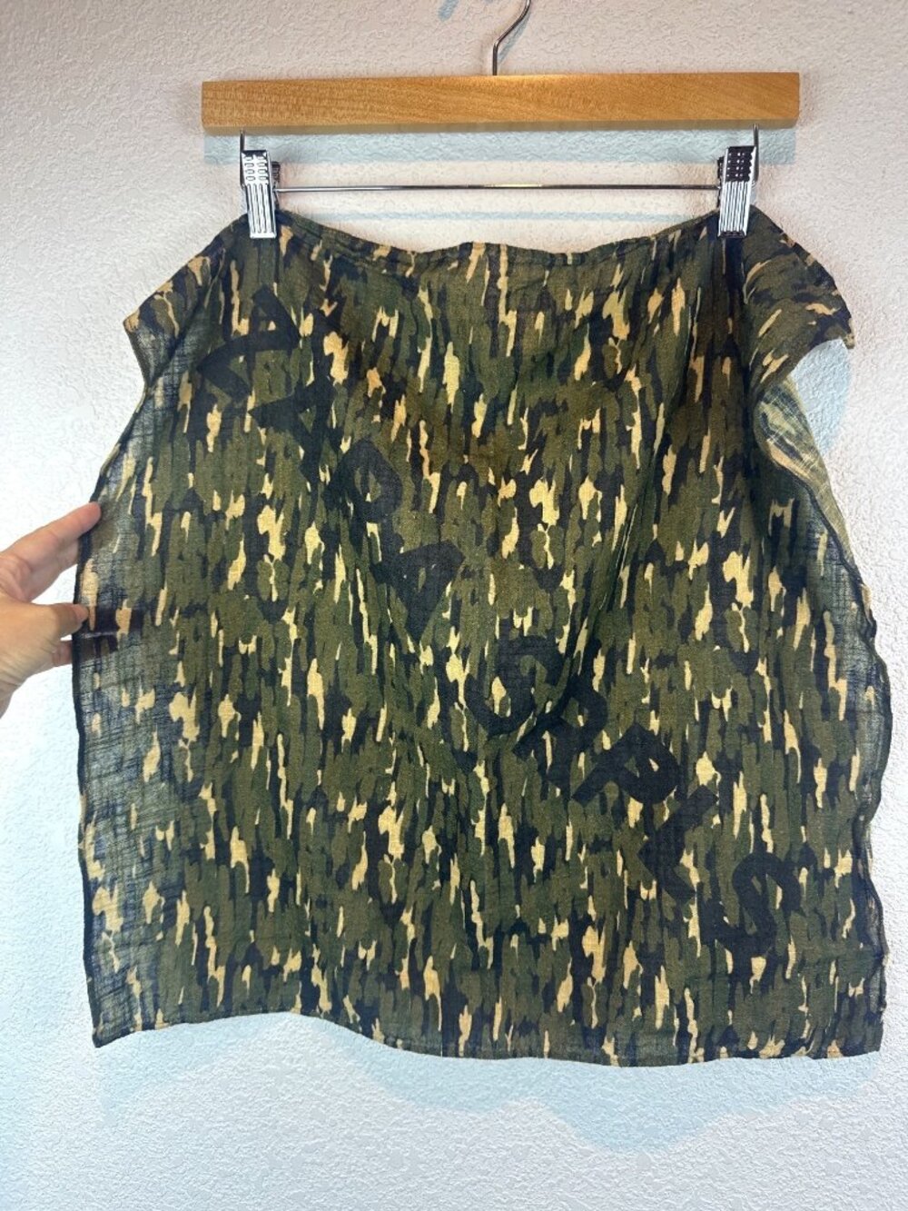 Zara SRPLS Camo Green Sheer Square Scarf Paris Graphic Lightweight Wrap Utility
